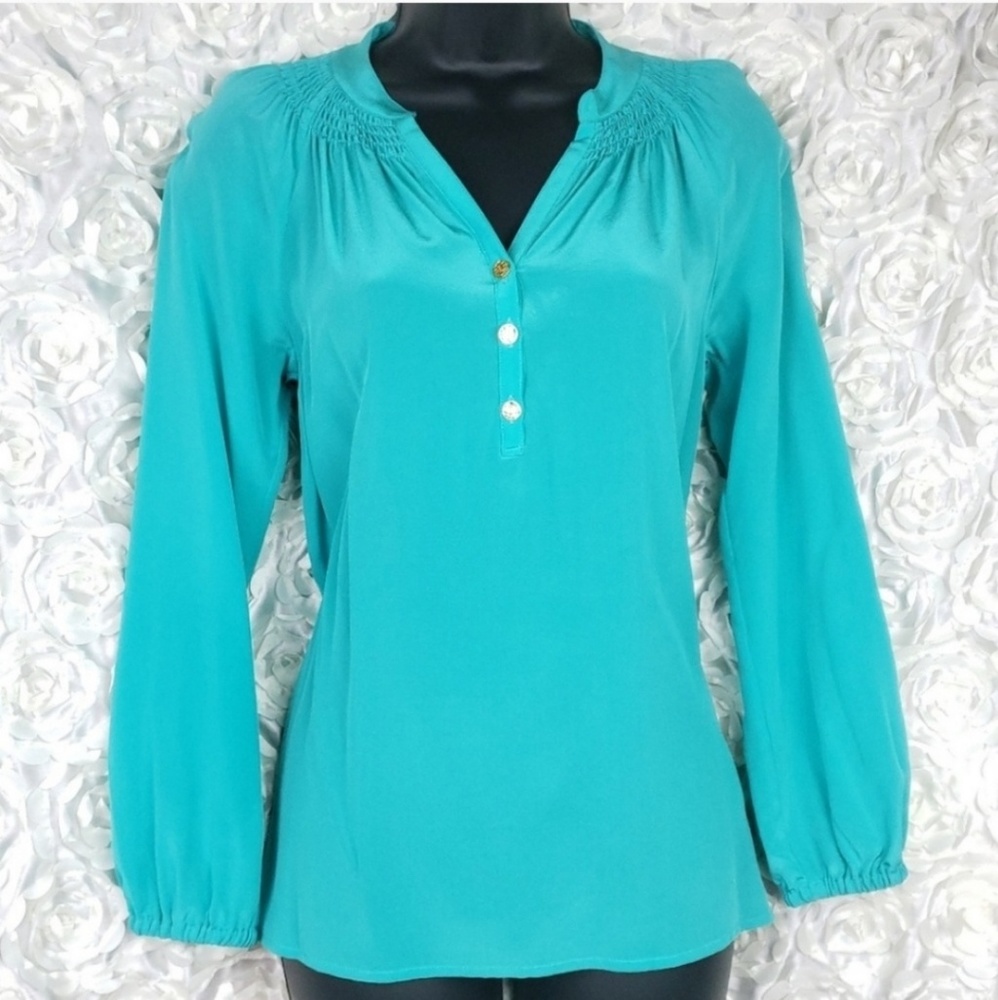 Lilly Pulitzer Turquoise And Gold Silk Elsa Top